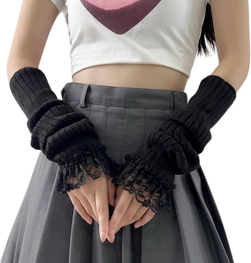 DUNKOING Cute Y2K Arm Warmers Kawaii Knitted Wrist Warmers Long Japanese Harajuku Goth Fingerless Sleeve for Women Girls - Image 1